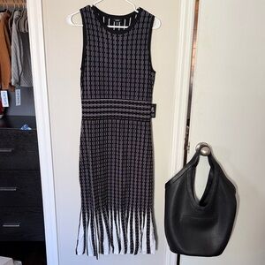 Sleeveless Black & White Patterned Fringe Hem Dress